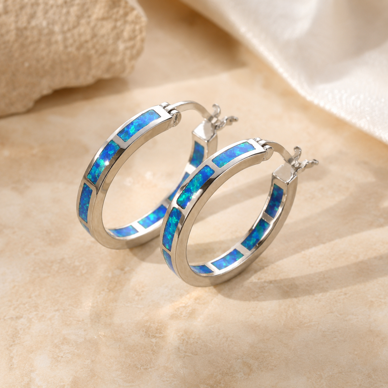 Boucles d'oreilles Chic en Cercle avec Opale de Feu Bleu