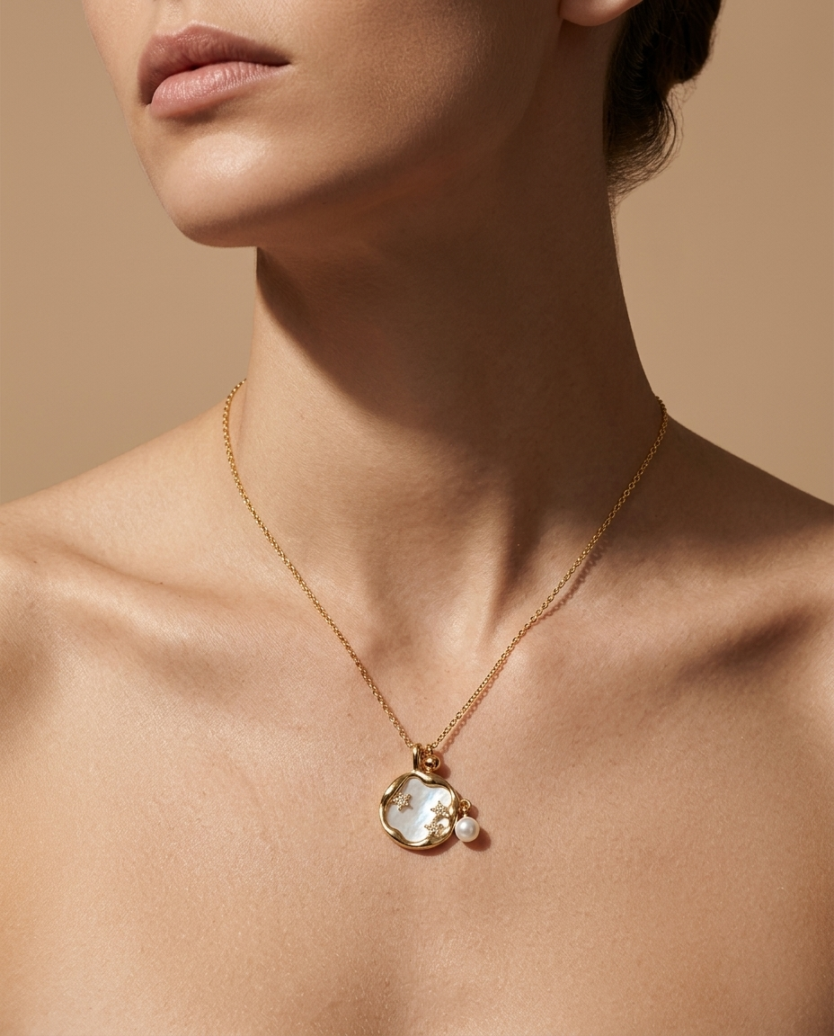 Collar Piedra de Luna y Perla Dorado