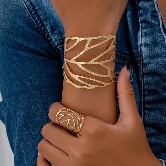 Bracelet Rigide Vintage avec Feuille Décorative