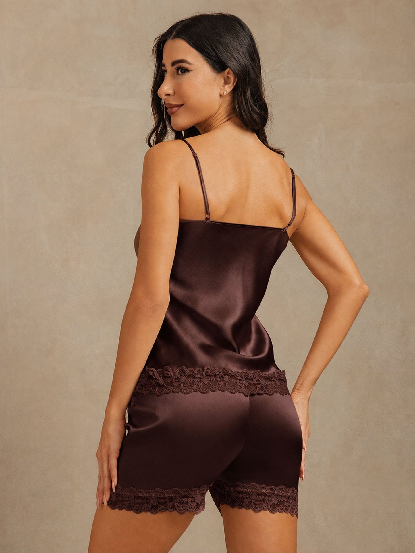 Soie Pure Bordure En Dentelle Bretelles Spaghetti Col En V Ensemble De Camisole Sexy