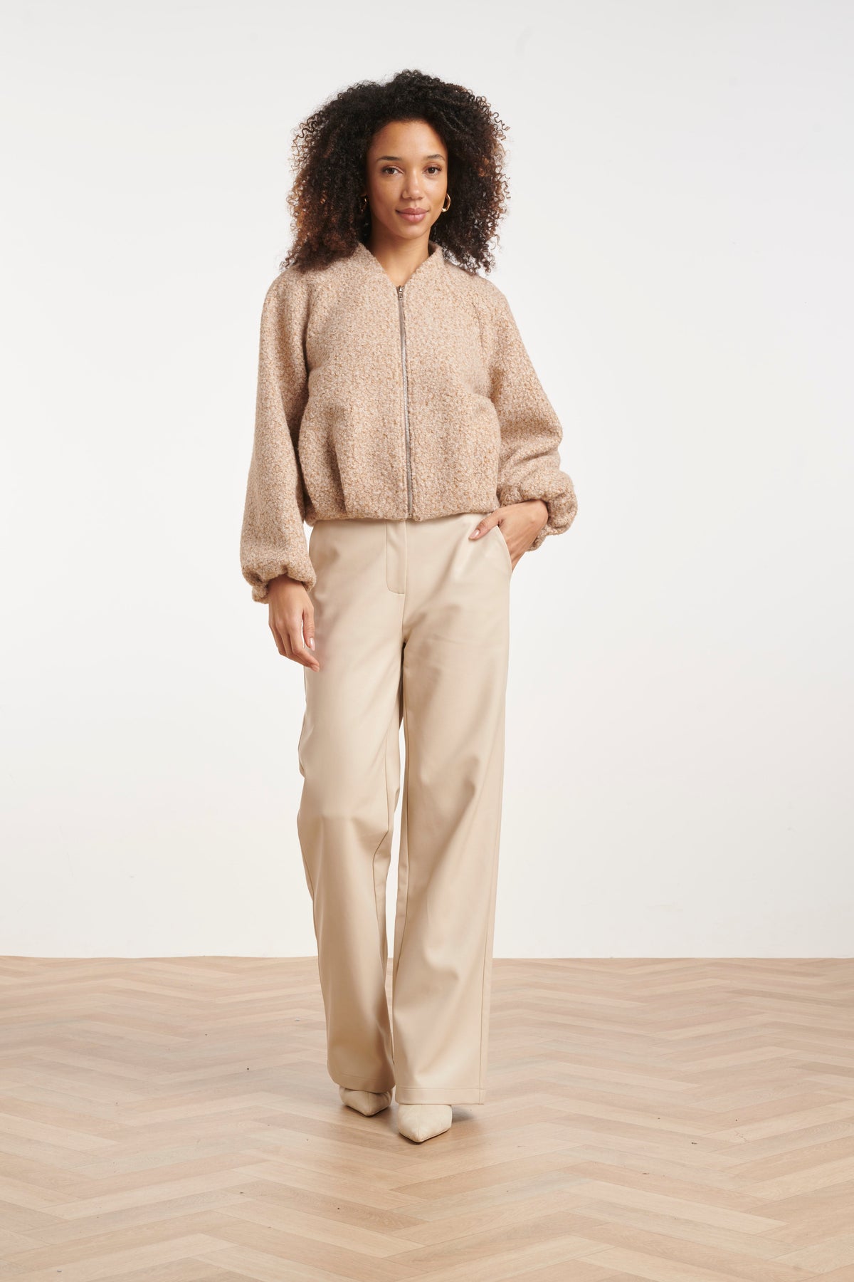 Chaqueta de Bouclé con Cremallera Arena