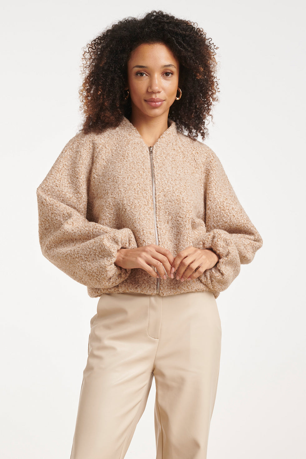 Chaqueta de Bouclé con Cremallera Arena