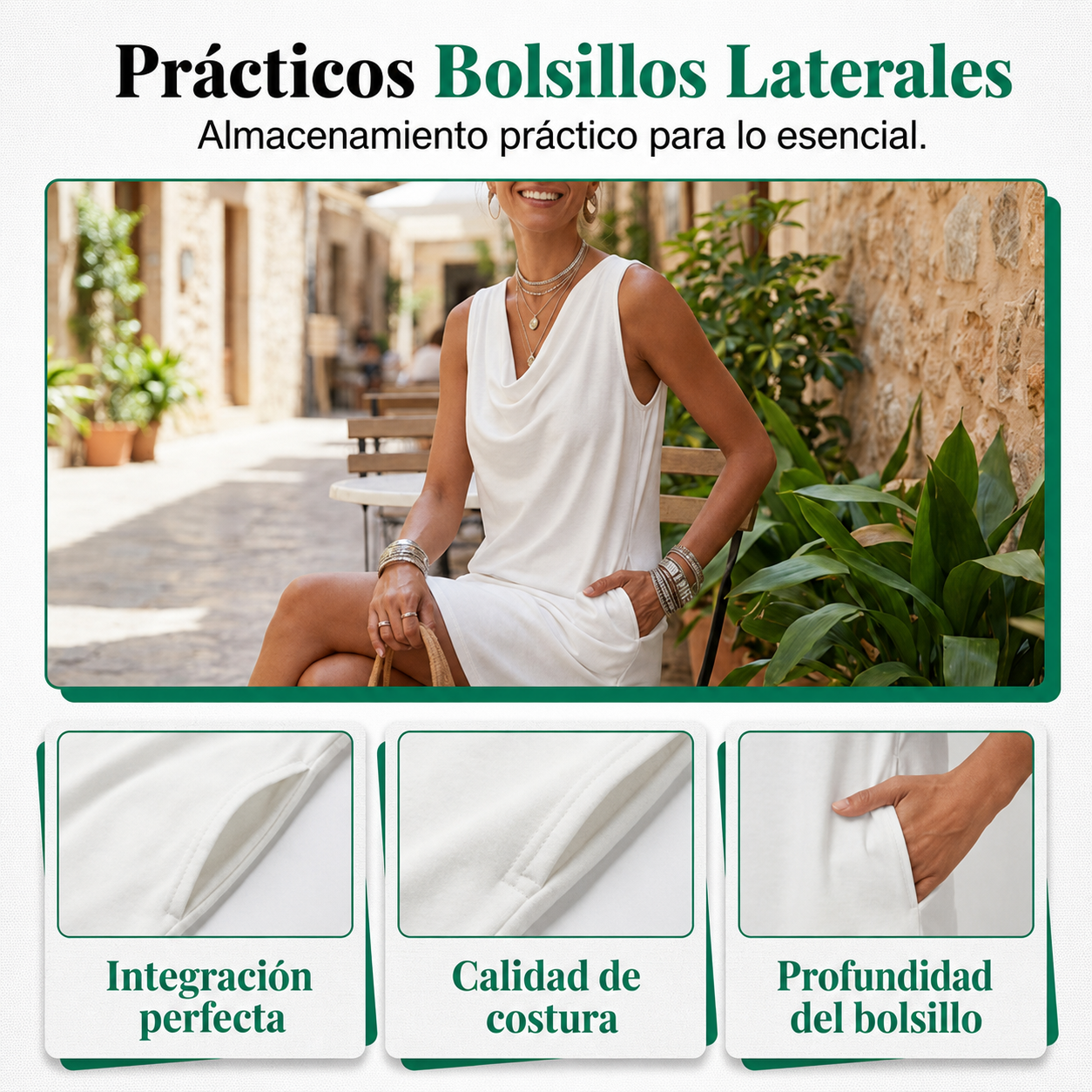 👗 ¡OFERTA LIMITADA: 50 % DE DESCUENTO! 💥 Vestido entallado con cuello barco – Sin mangas, con bolsillos laterales, muy versátil ✨