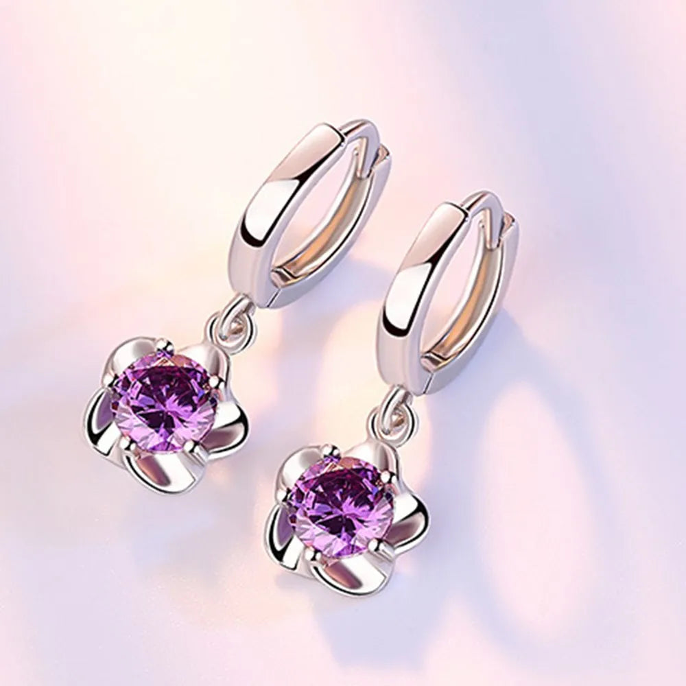 Boucles d'oreilles en Argent Sterling avec Zircons Violets et Blancs
