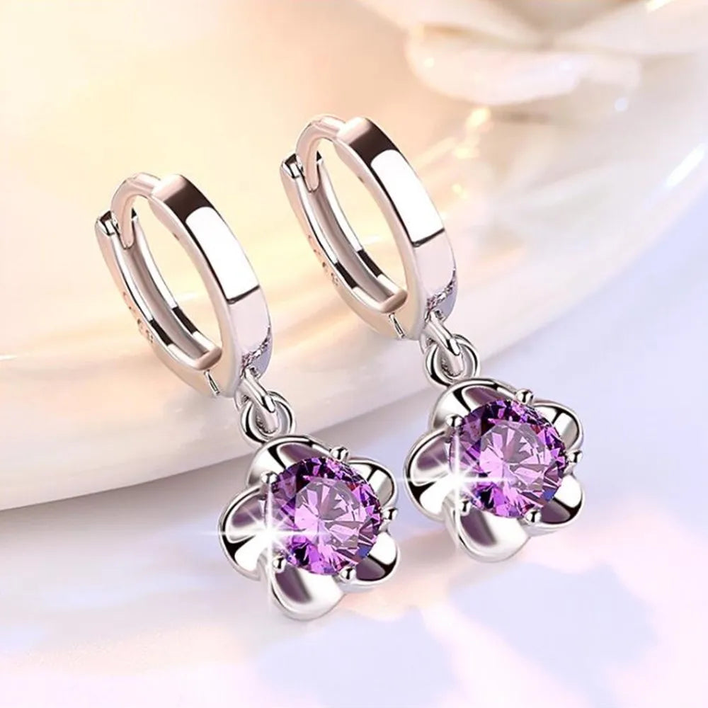 Boucles d'oreilles en Argent Sterling avec Zircons Violets et Blancs