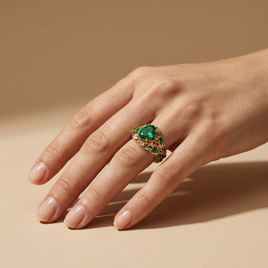 Anillo Esmeralda y Zafiro Dorado