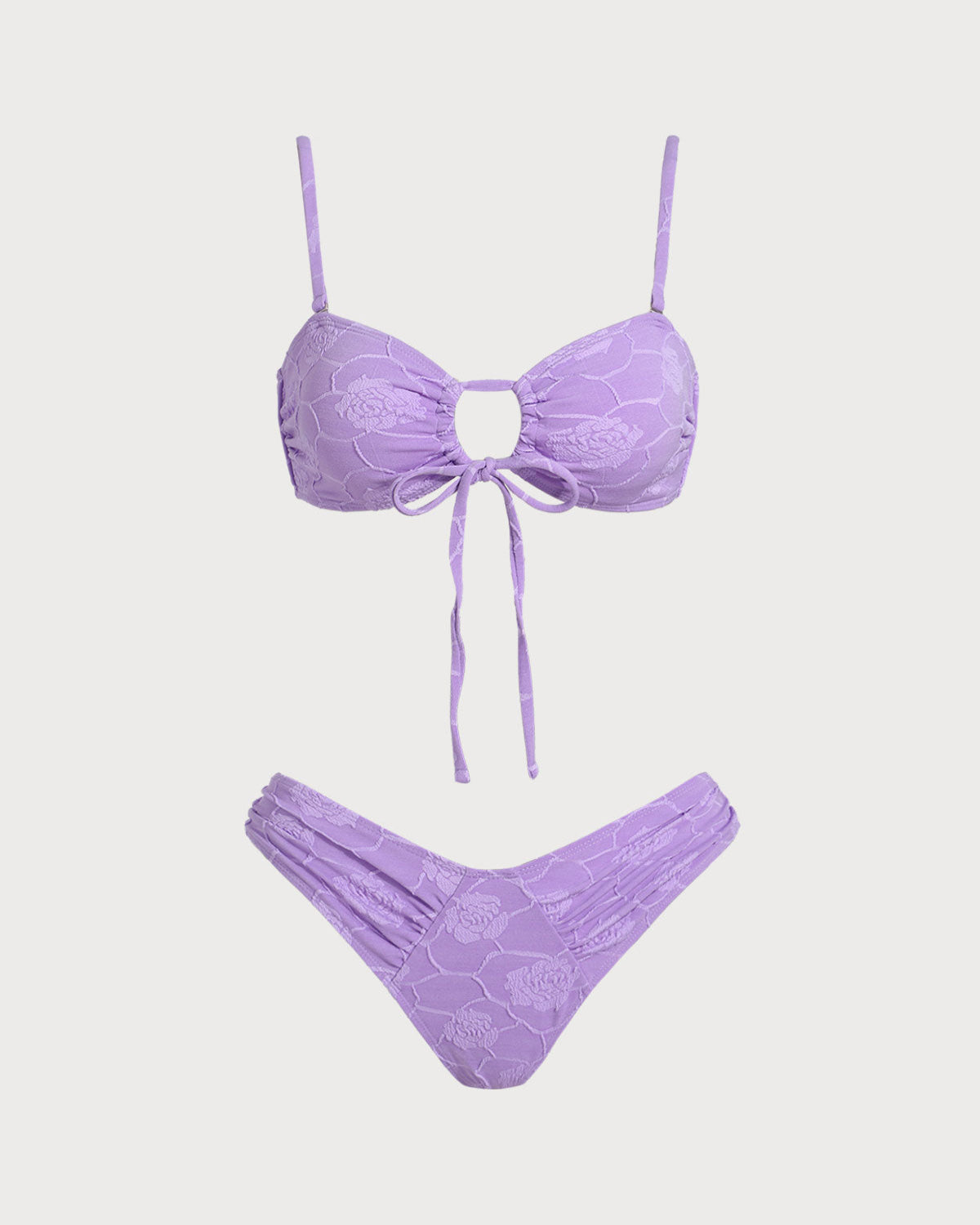 bikini con estampado floral morado y textura